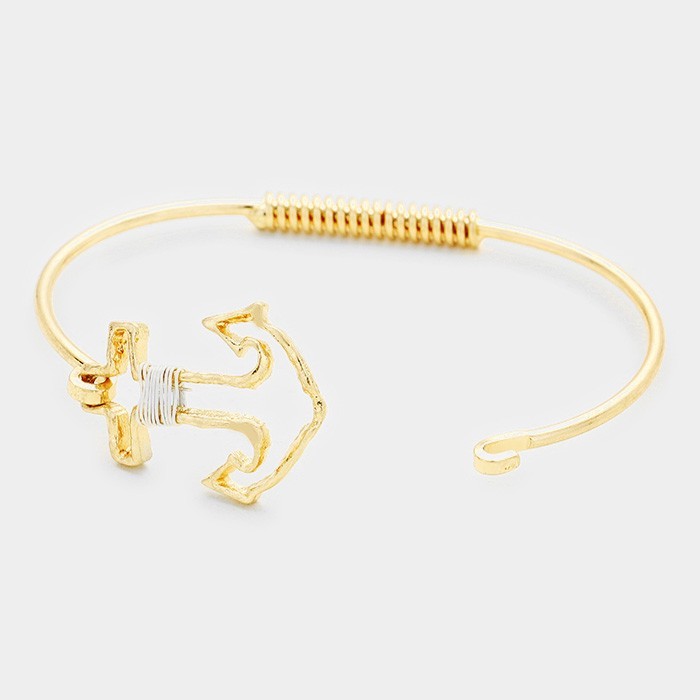 2PCS Gold Tone Anchor Charm Wire Wrap Bangle Bracelet Set Nautical Jewelry