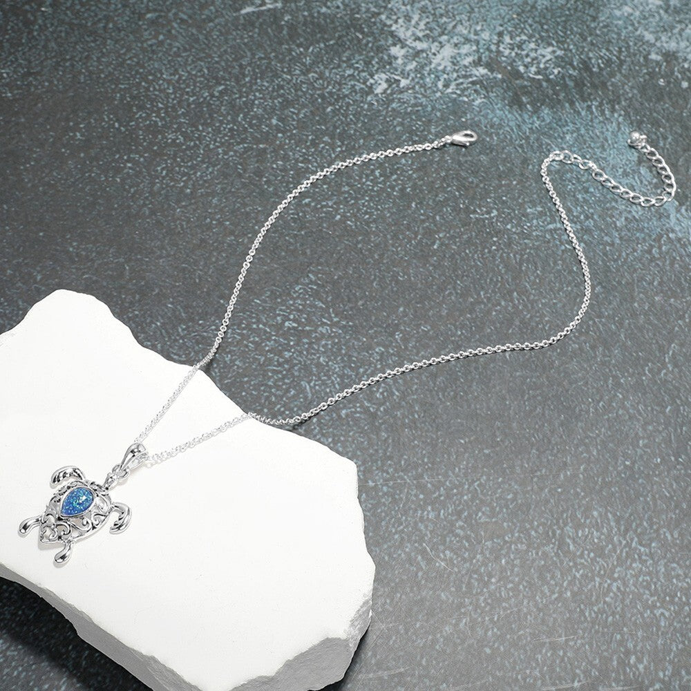 Sea Glass Pointed Metal Turtle Pendant Necklace Ocean Inspired Jewelry for Women
