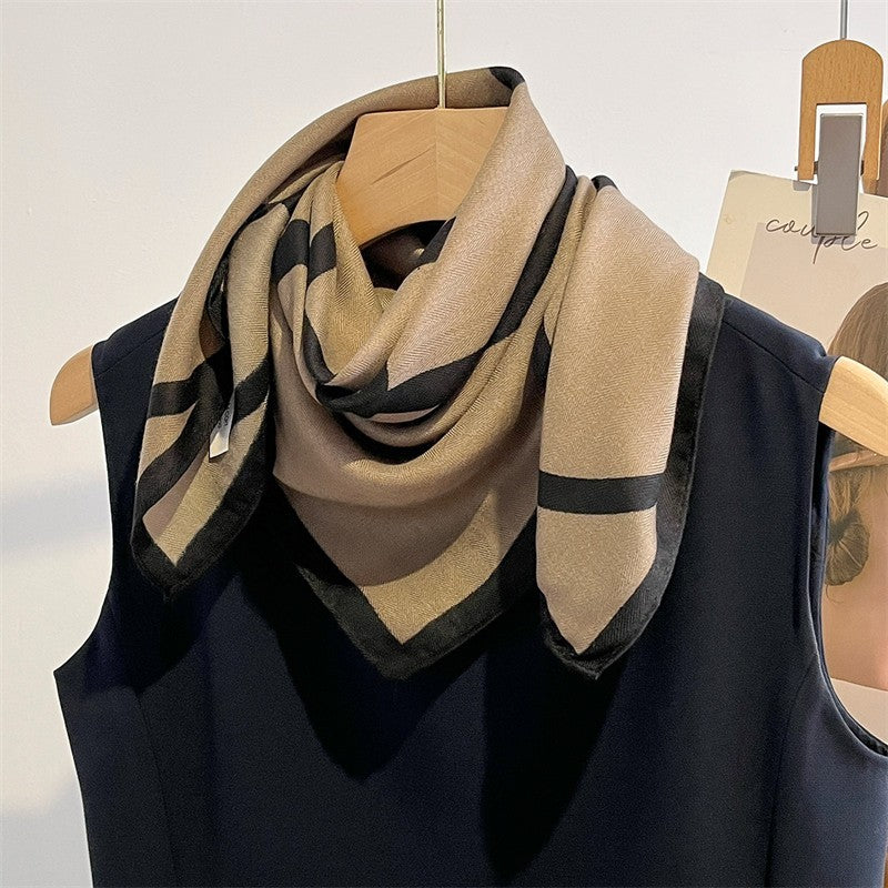 2 Scarf Set Large Geometric Shawl Beige Black Navy Gray Monogram Print Wrap