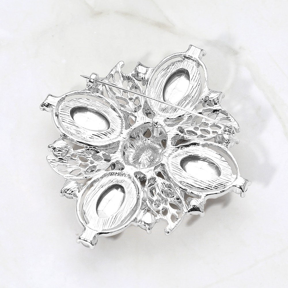 Vintage Bold Floral Pink Rhinestone Crystal Pin Brooch for Women Silver Tone