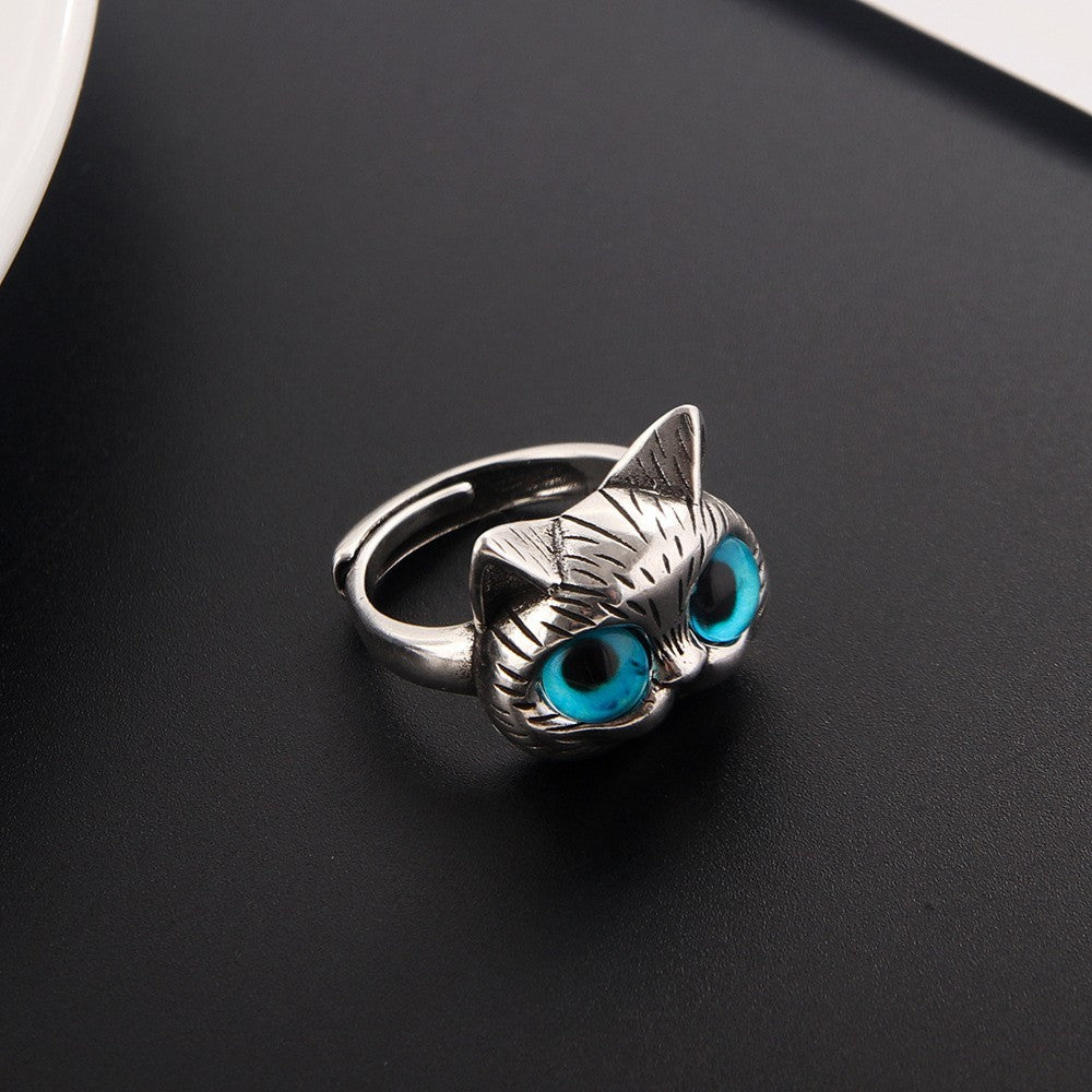 2 Pcs Adjustable Cat Rings Blue Eyes Pet Lover Animal Jewelry Gift for Women