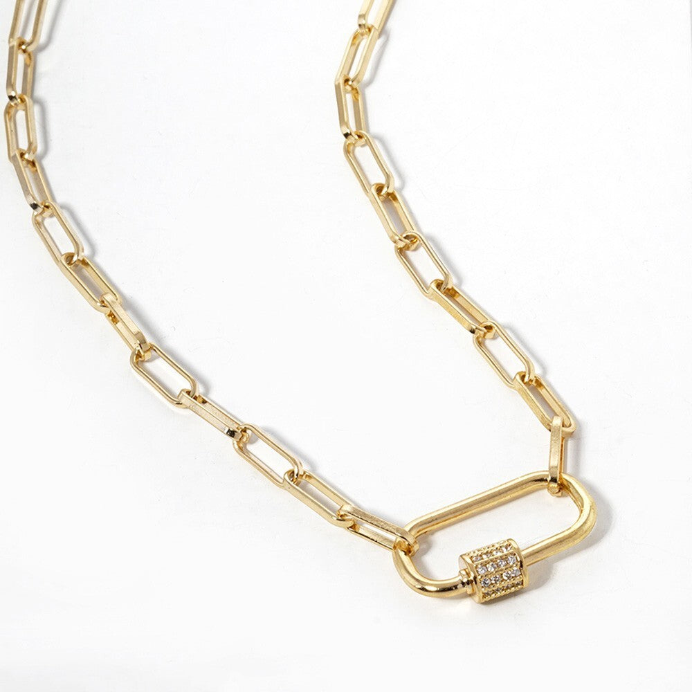 Gold Dipped CZ Carabiner Pendant Paperclip Chain Necklace Women’s Dainty Layered