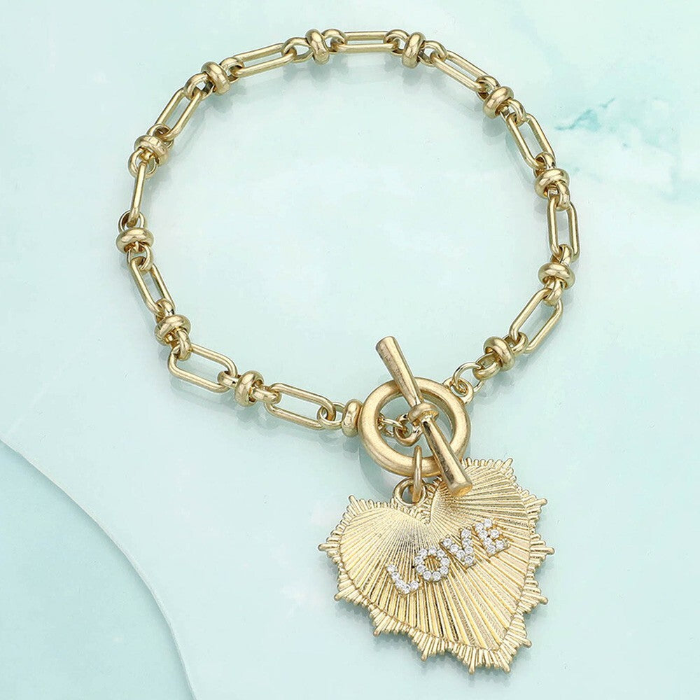 Chunky Chain Love Heart Bracelet Textured Metal Jewelry Gift Idea for Women