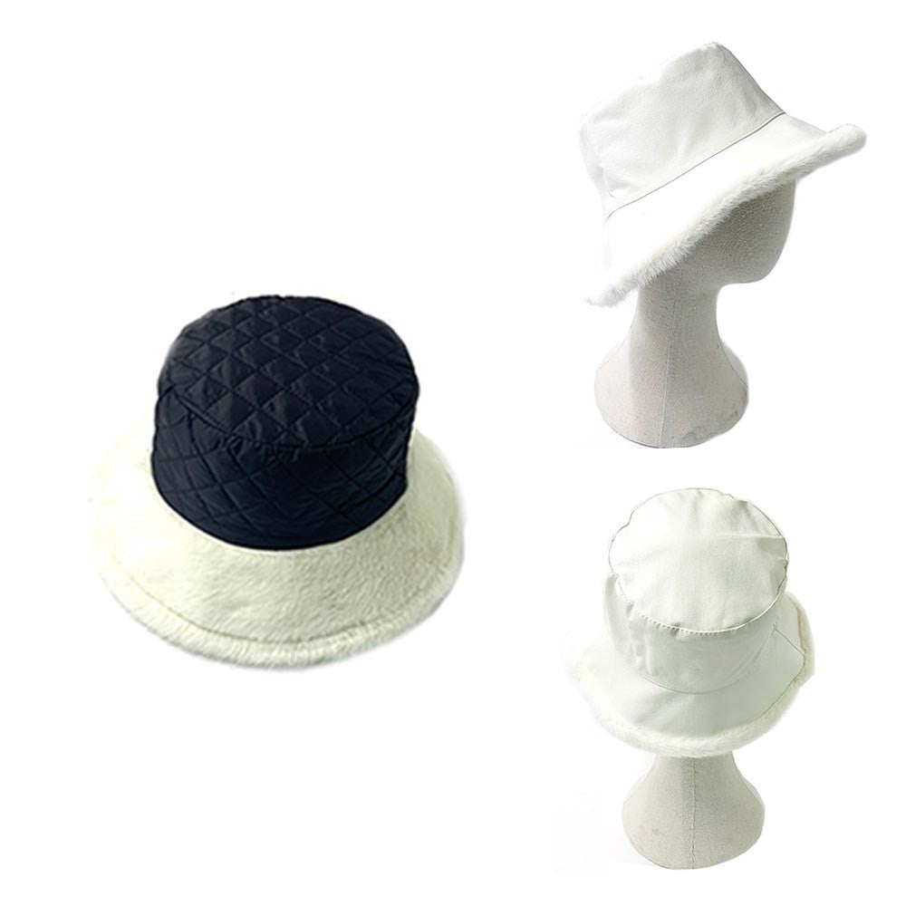 Faux Leather Bucket Hat Women Reversible Faux Fur Trim Quilted Winter Cap White