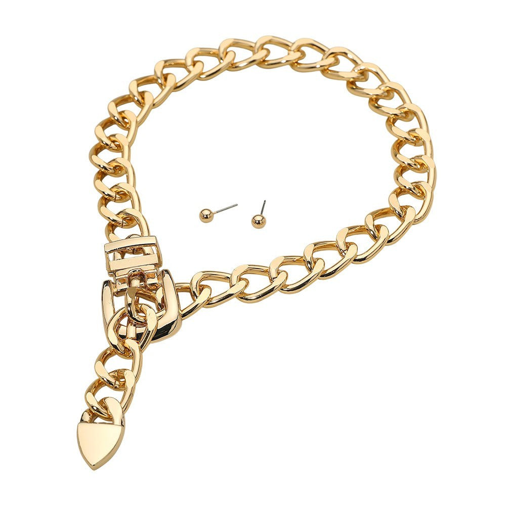 Gold Tone Chunky Belt Buckle Choker Chain Necklace & Stud Earrings Set for Women