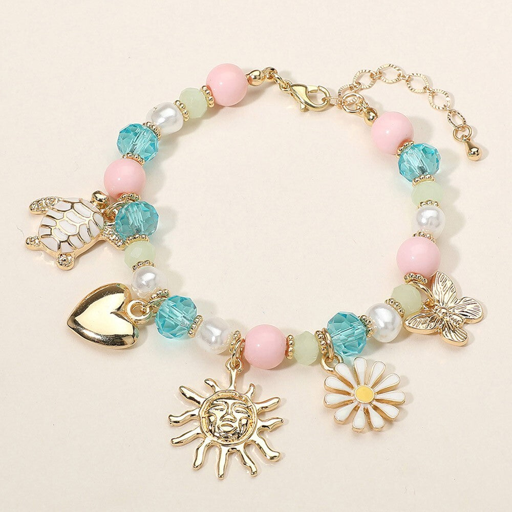 Enamel Turtle Flower Heart Butterfly Sun Charm Beaded Stretch Bracelet Jewelry