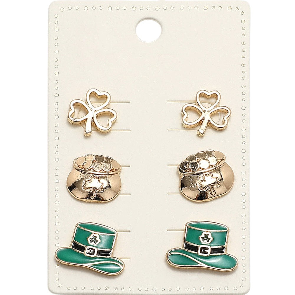 3pcs St. Patrick's Day Clover Pot of Gold Green Top Hat Stud Earring Set