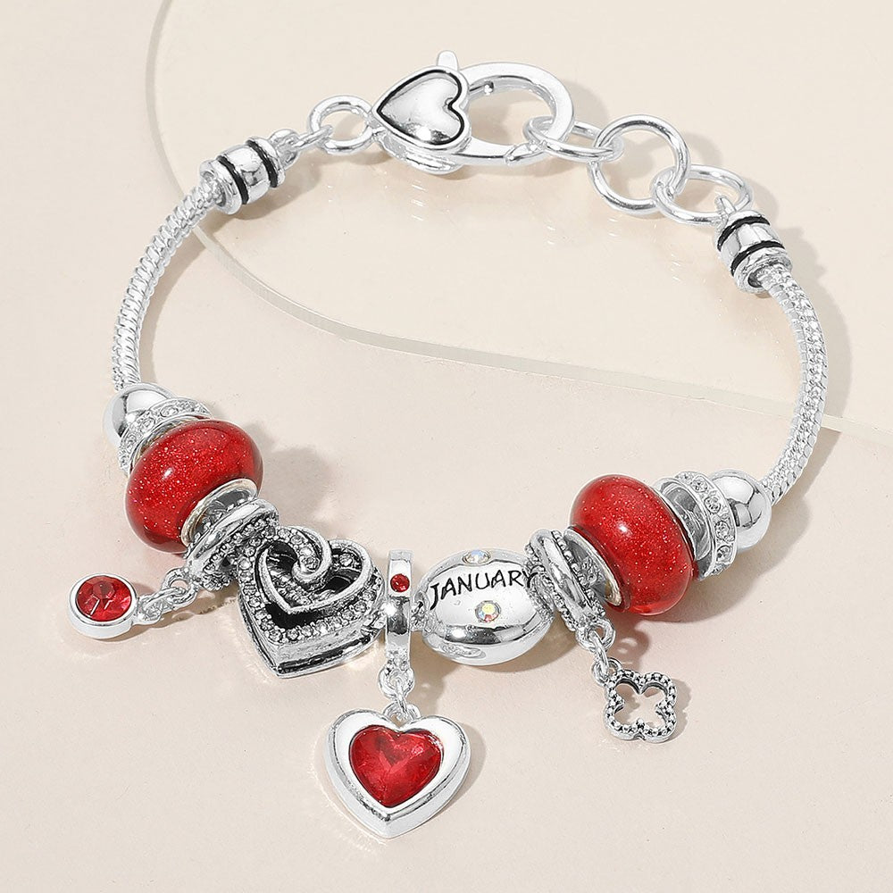 January Birthstone Heart Charm Beaded Bracelet Red Multi Layer Stretch Jewelry