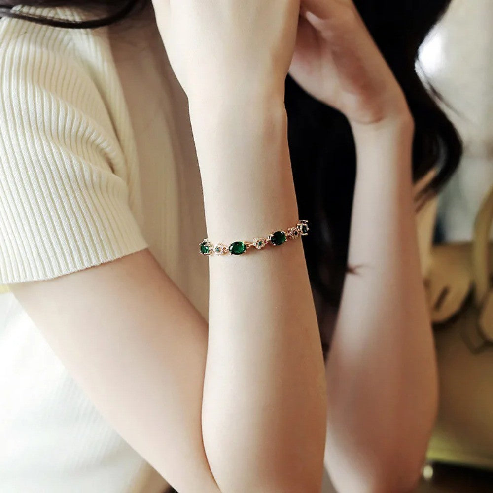 Green Crystal Gold Link Bracelet for Women | Elegant Fashion Jewelry Gift Ladies