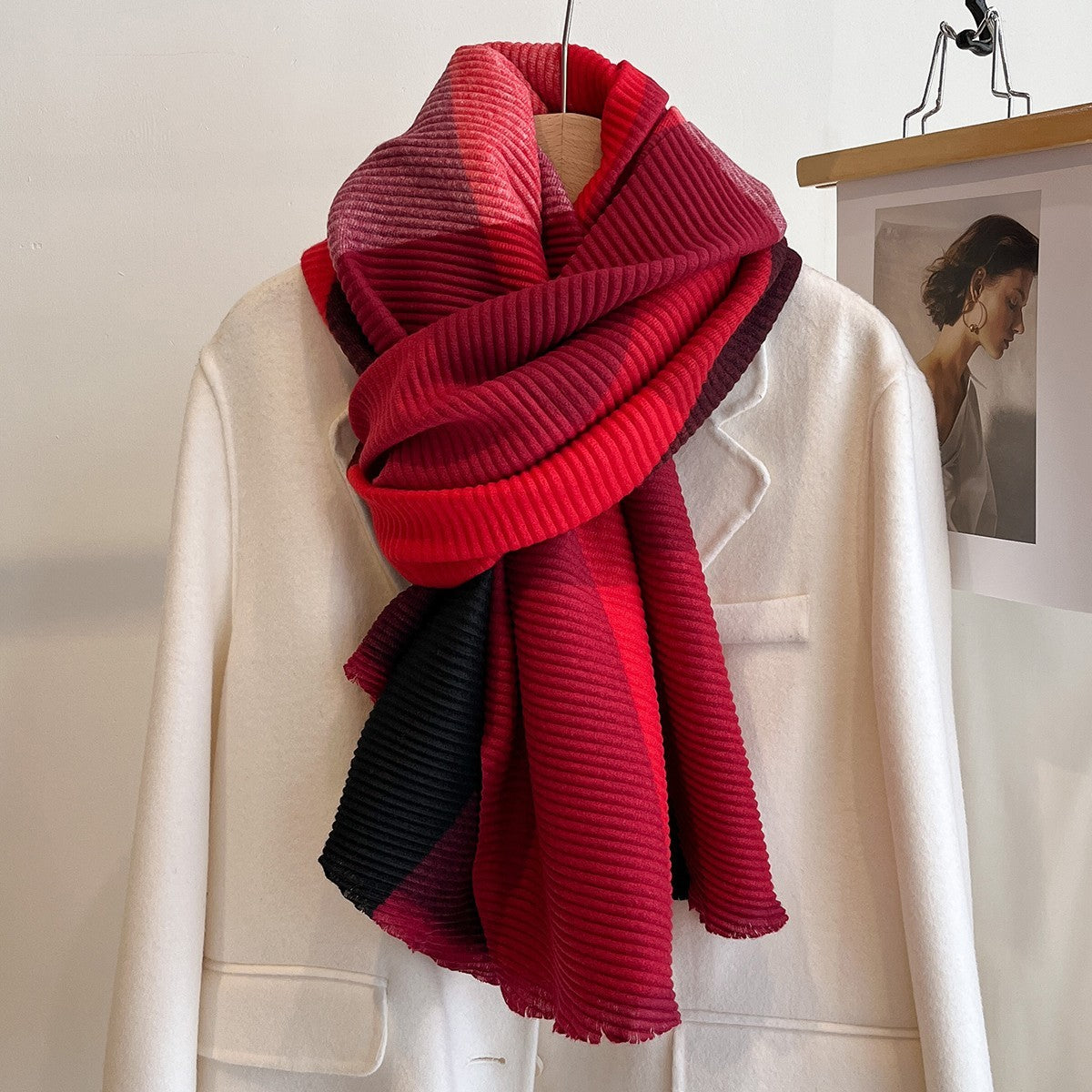 Red & Black Pleated Color Block Scarf Warm Winter Shawl Wrap 71x35 in