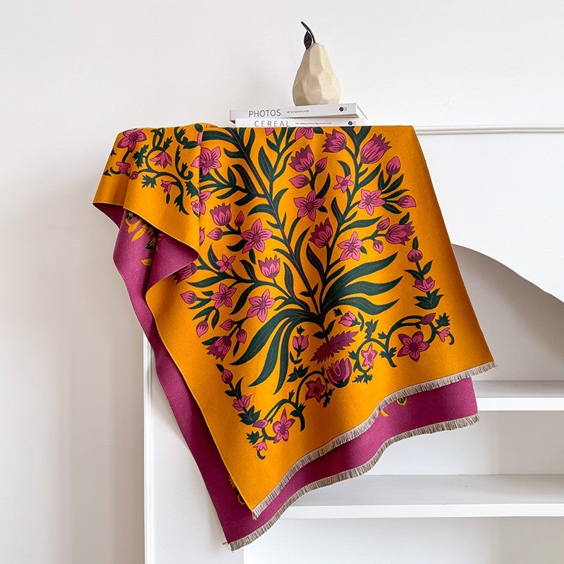 Reversible Mughal Floral Cashmere Feel Shawl Wrap 72 x 25.5 Inches