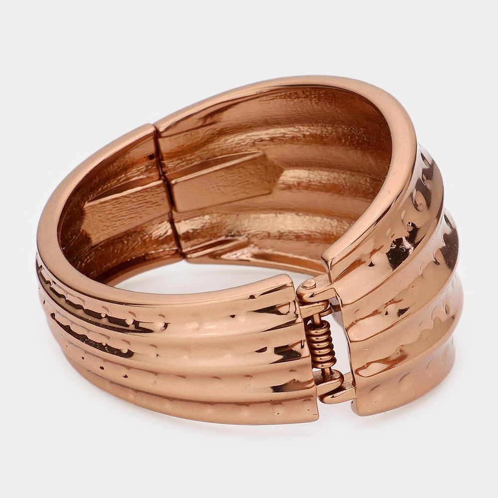 Wide Rose Gold Tone Hammered Bangle Cuff Statement Bracelet Hinged
