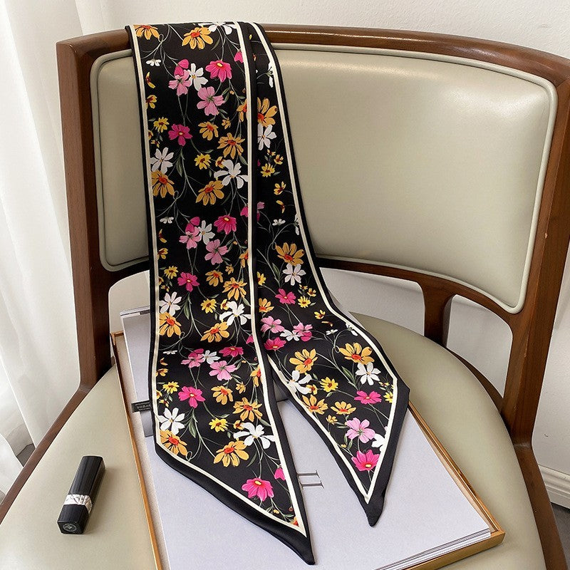 2 Pack Black White Floral Skinny Scarf Set Twilly Foulard Thin Neck Tie Ribbons