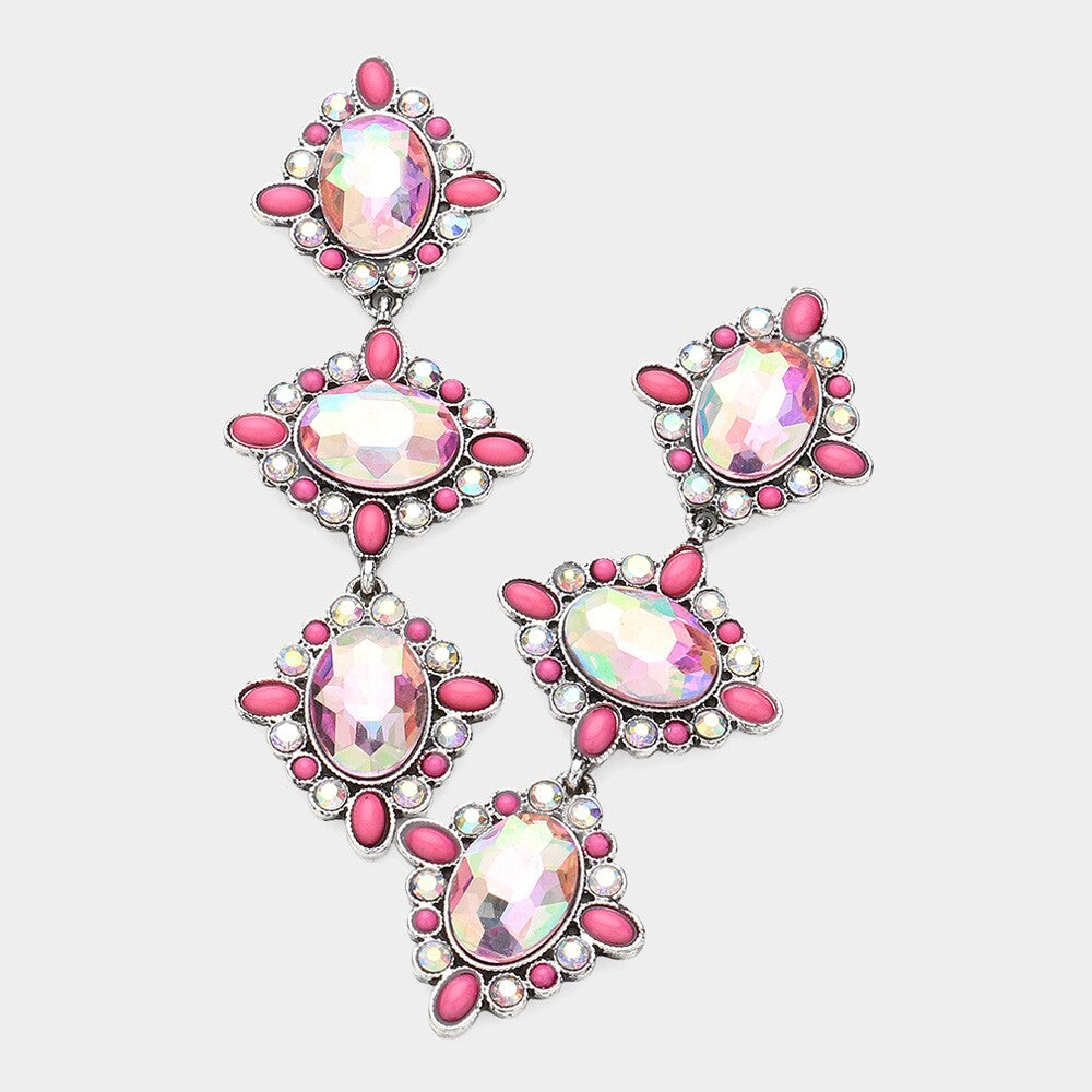 Oval Glass Stone Cluster Link Drop Earrings for Women Statement Dangle Jewelry