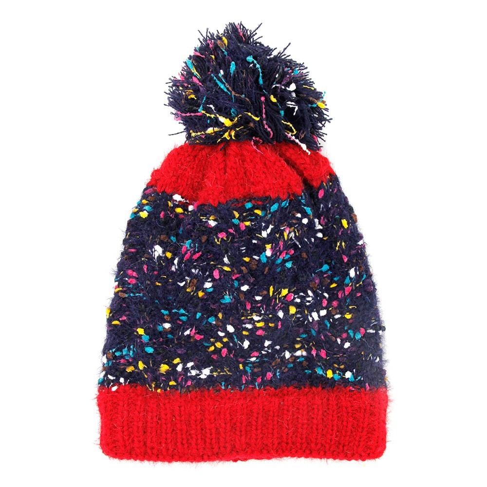 Women's Multi-Color Beanie Hat 8x9.4" 100% Acrylic with Sprinkles Pom Pom Accent