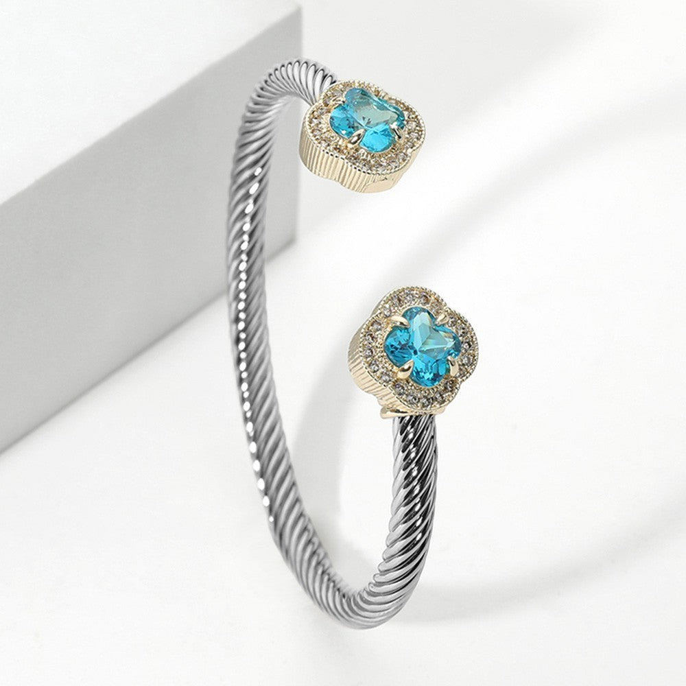 2pcs Two-Tone Cable Cuff Bangle Blue CZ Clover Ends Stackable Set Unisex