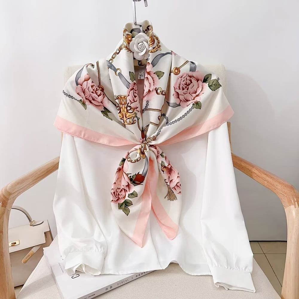 Floral Rose Silk Blend Square Scarf Pink Gold Chain Print Elegant Neck Head Wrap