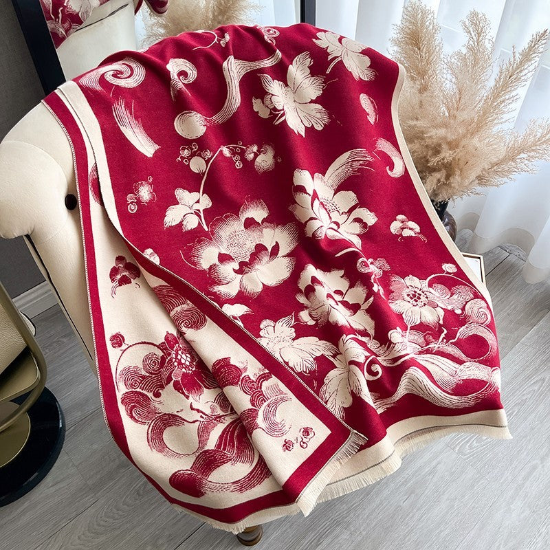 Reversible Floral Pashmina Shawl Scarf Red Beige Winter Wrap Blanket Style