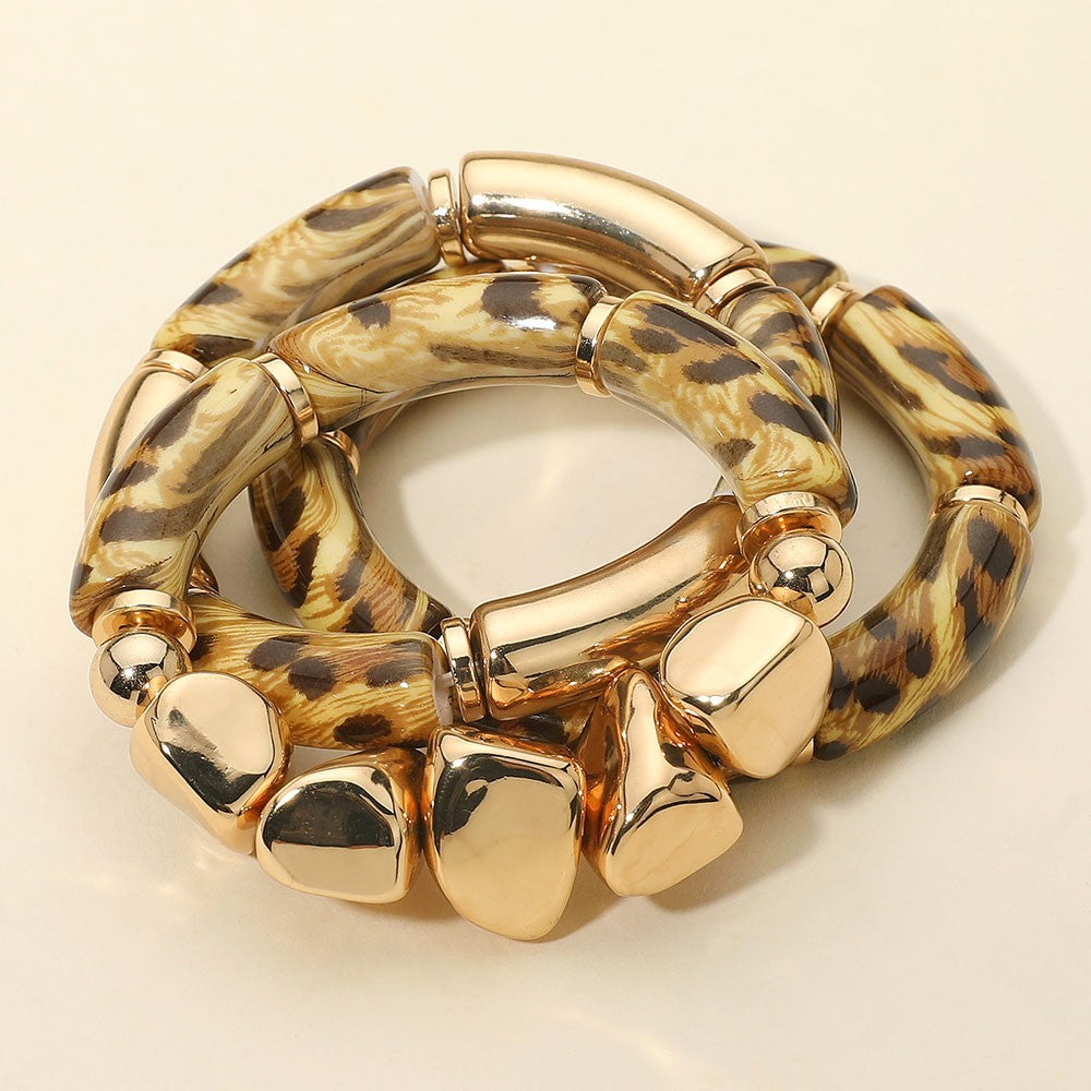 Animal Print Gold Tone Beaded Stretch Bracelet Set Fashion Jewelry for Women