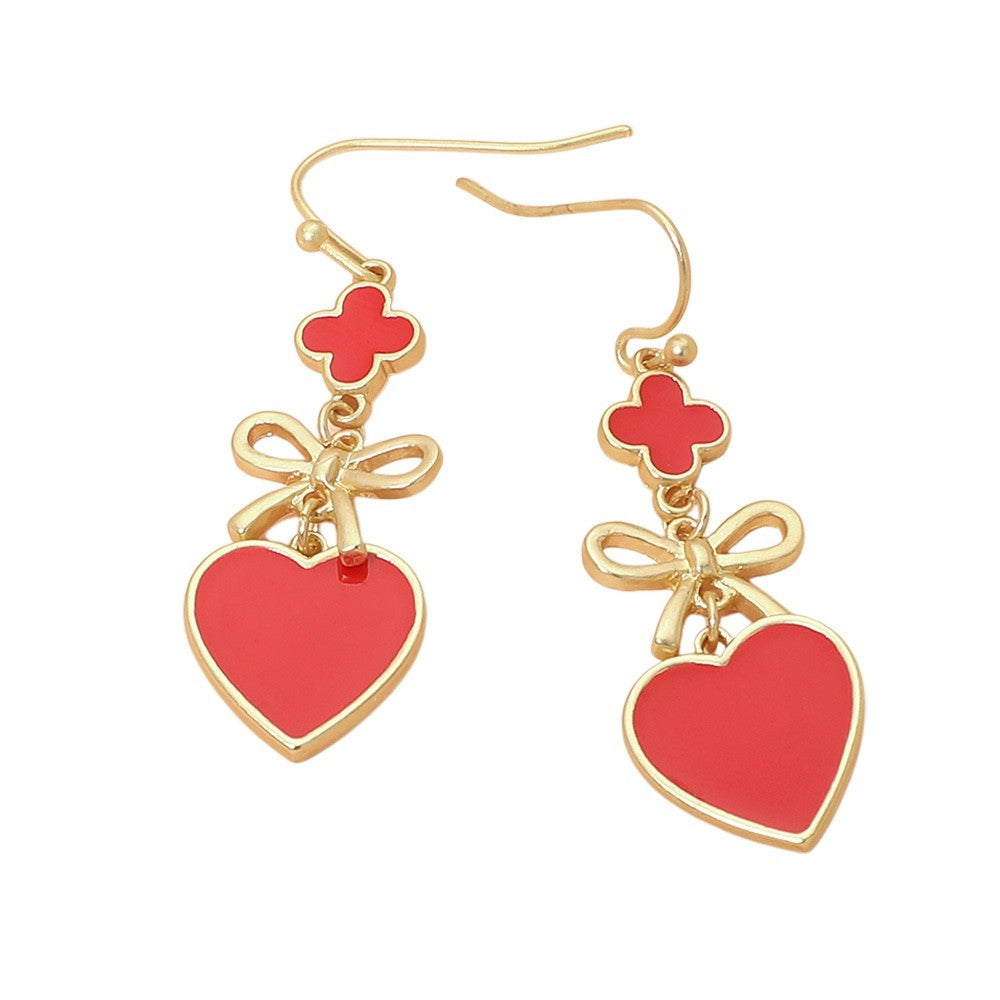 Red Heart Bow Dangle Earrings Gold Tone Clover Enamel Romantic Jewelry Accessory