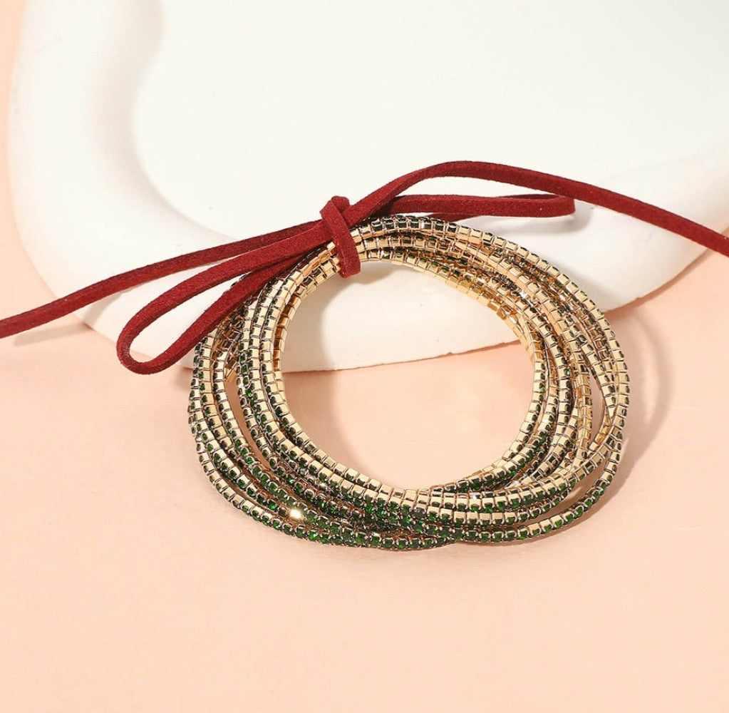 12pcs Gold Tone Green Rhinestone Multi-Strand Cord Wrap Statement Bangle