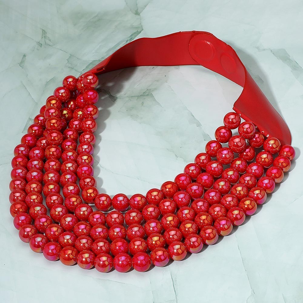 Multi-Strand Red Beaded Statement Necklace Magnetic Clasp 17.5" Layered Bold