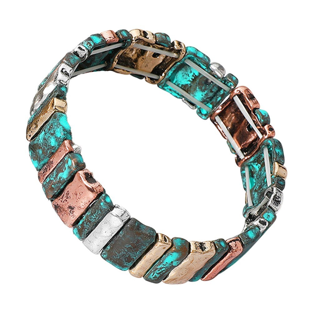 Antique Patina Metal Bar Bracelet Copper Silver Gold Stretch Boho Jewelry