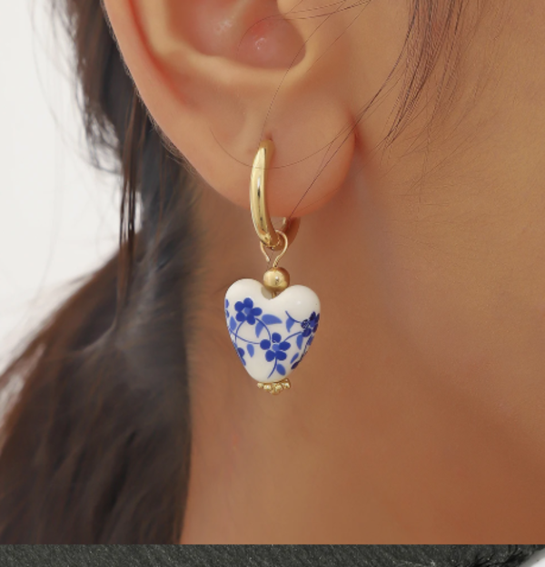 Vintage Blue White Porcelain Teapot Earrings Heart Pearl Dangle Jewelry Gift