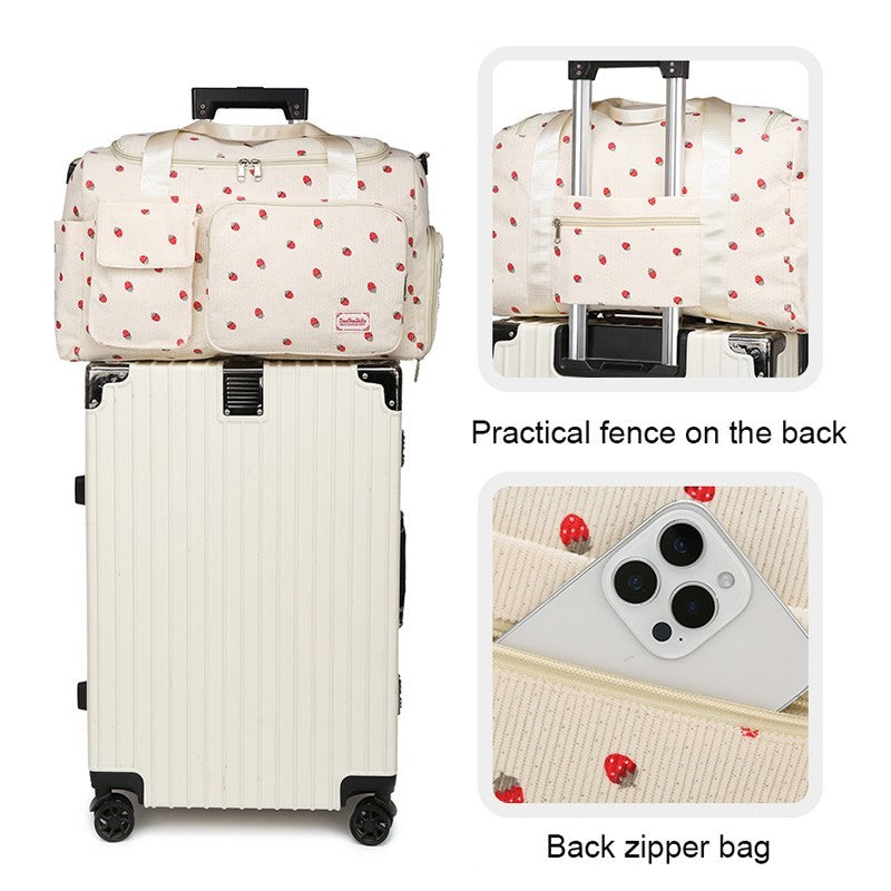 Strawberry Corduroy Travel Duffel Bag Shoe Compartment Trolley Sleeve