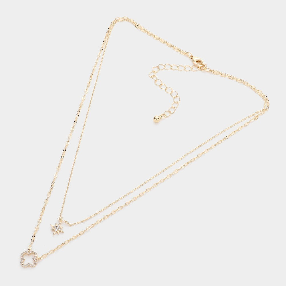 Gold Double Layered Necklace with North Star & Quatrefoil Rhinestone Pendant