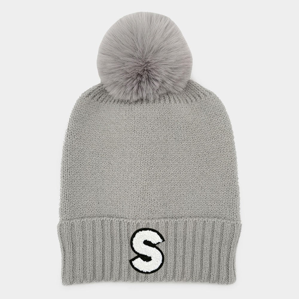 "S" Initial Monogram Faux Fur Pom Pom Knit Winter Beanie Hat for Women Gray
