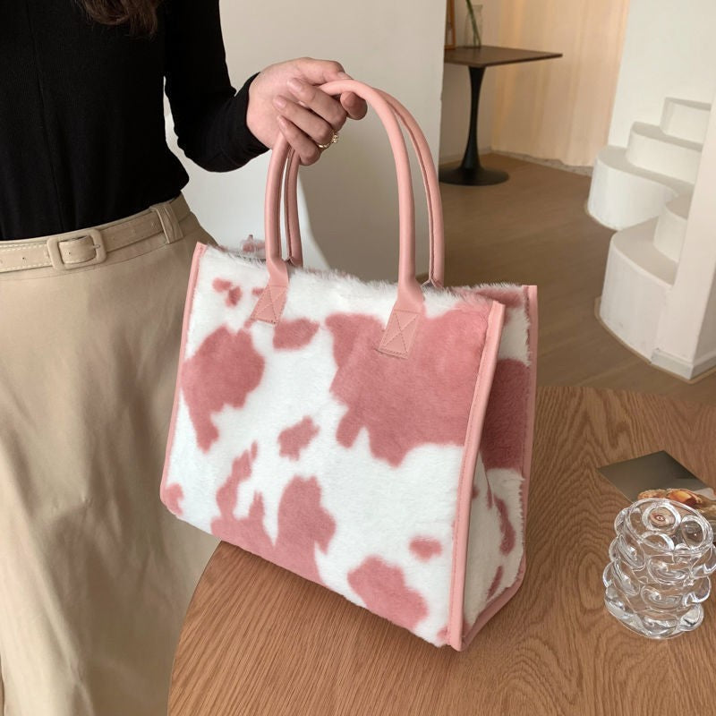 Pink Cow Print Fuzzy Tote Bag Shoulder Purse Fluffy Y2K Aesthetic Faux Fur