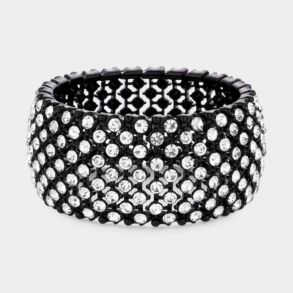 2PC Wide Crystal Stretch Bracelet Set – Black & Clear Pave Statement Jewelry