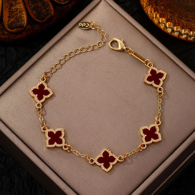 Lucky Four Leaf Clover Bracelet Gold Plated Red Charm Dainty Jewelry for Her