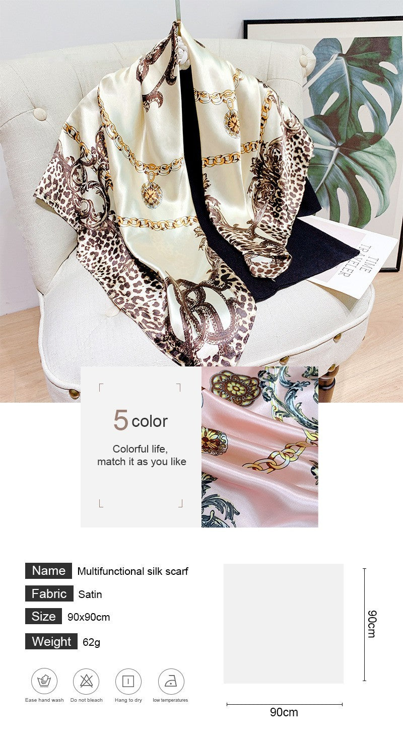 Luxury Imitation Silk Scarf for Women Satin Square Head Scarf with Leopard Print