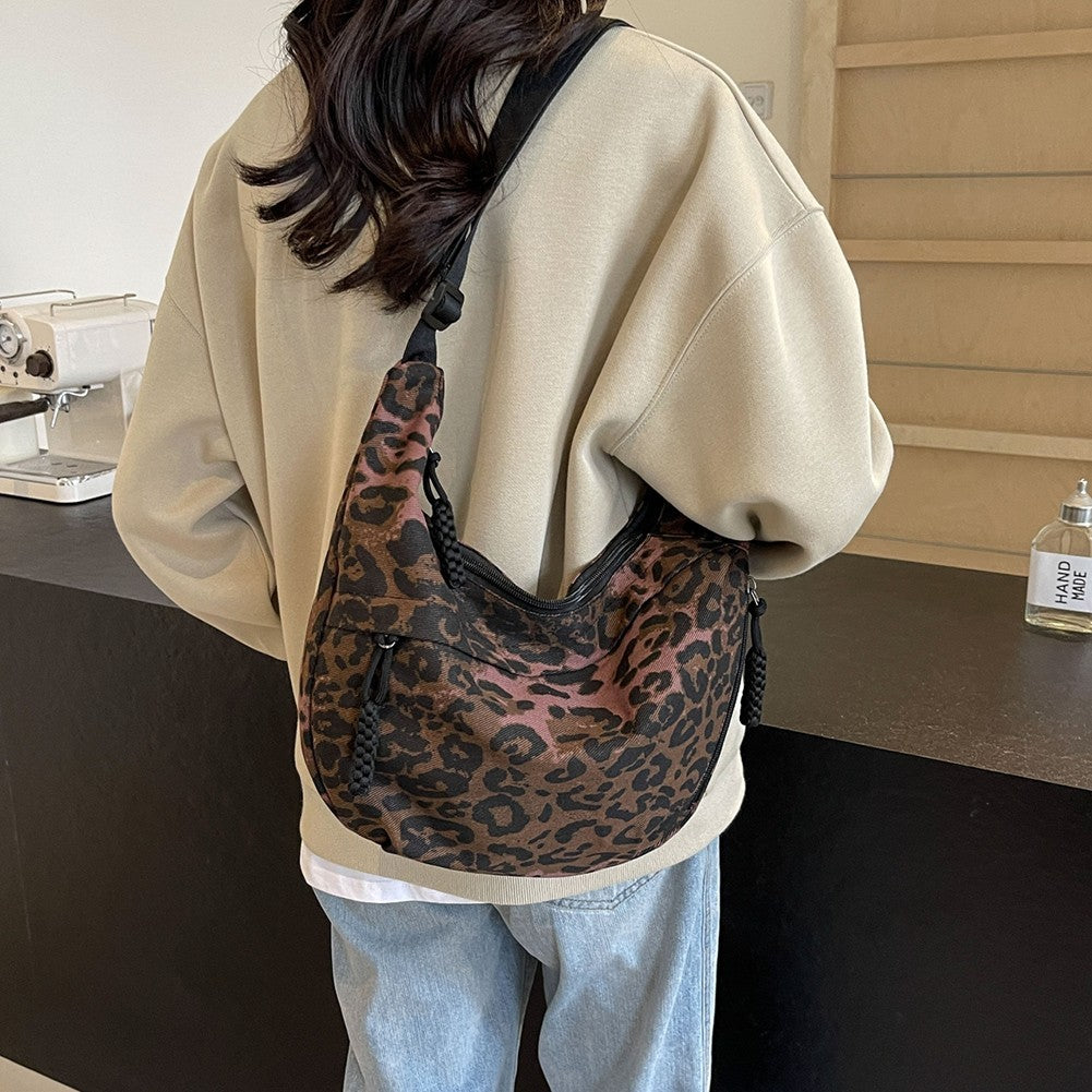 Classic Coffee Leopard Print Hobo Bag Slouchy Crescent Crossbody Shoulder Purse