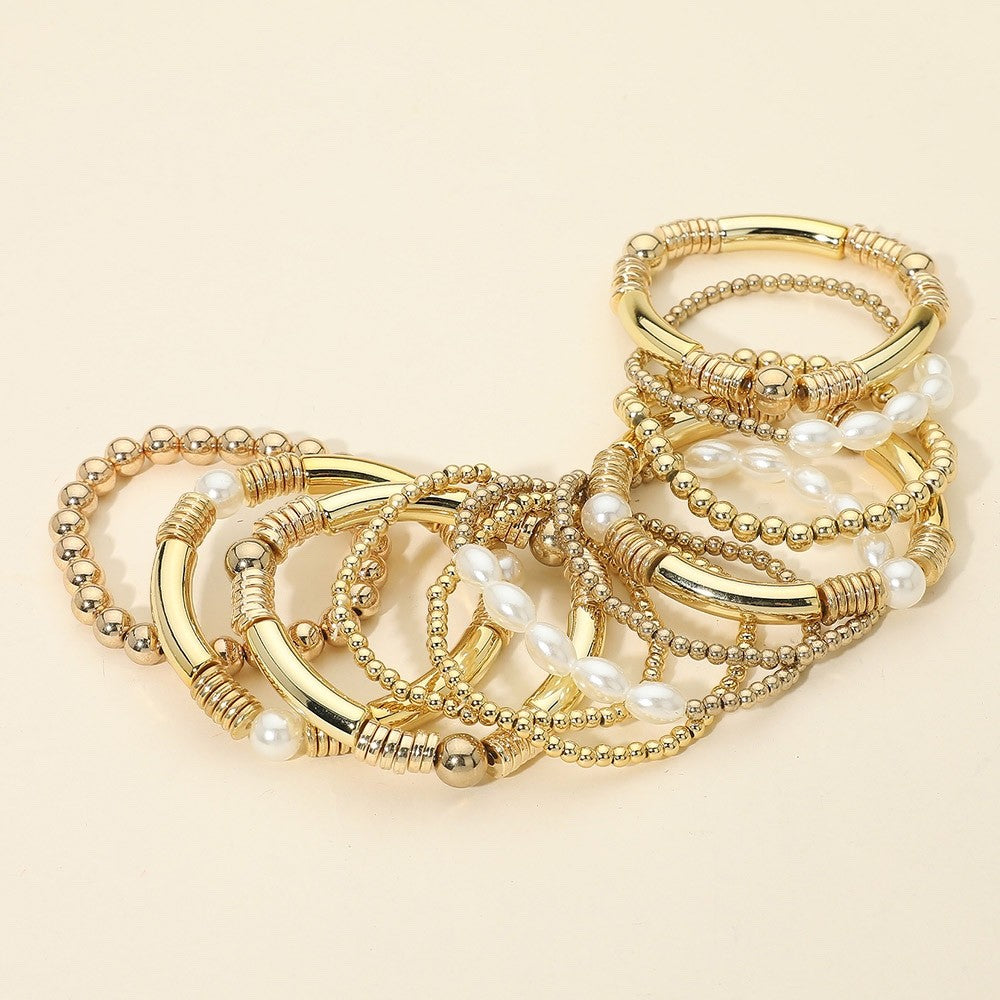 11pc Chic Gold Beaded Bracelet Set Mixed Pearl and Metal Stackable Jewelry Gift