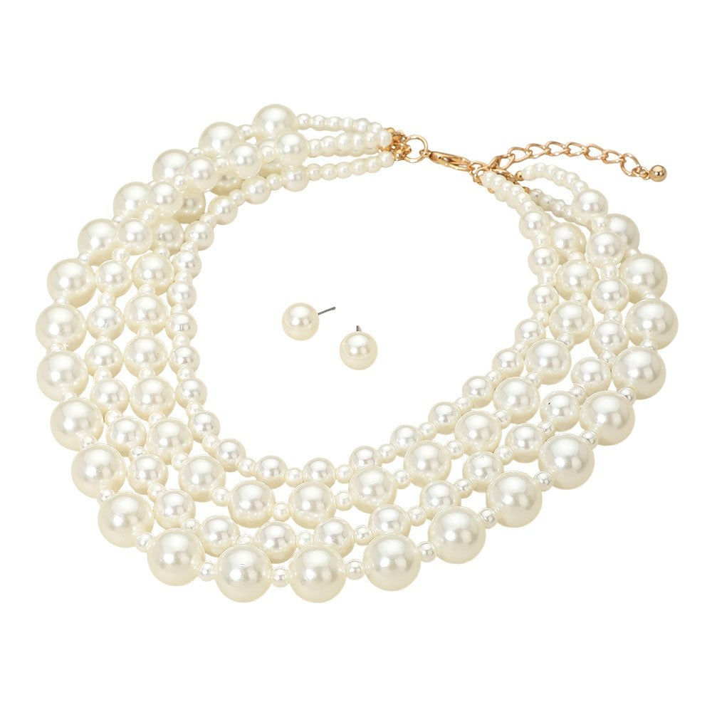 2pc Multi Layer Faux Pearl Necklace and Stud Earring Jewelry Set