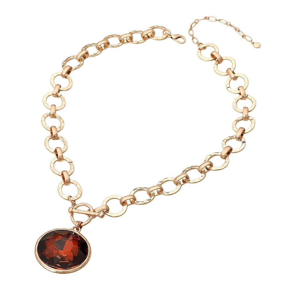 Bold Oval Gemstone Pendant Brushed Metal Chunky Chain Toggle Necklace for Women