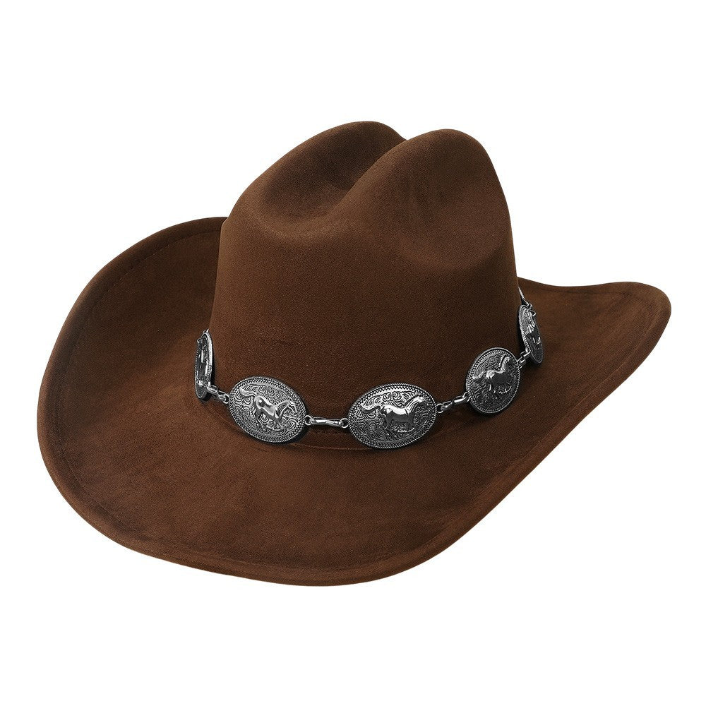 Brown Western Cowboy Hat with Silver Concho Band Rodeo Fedora Costume