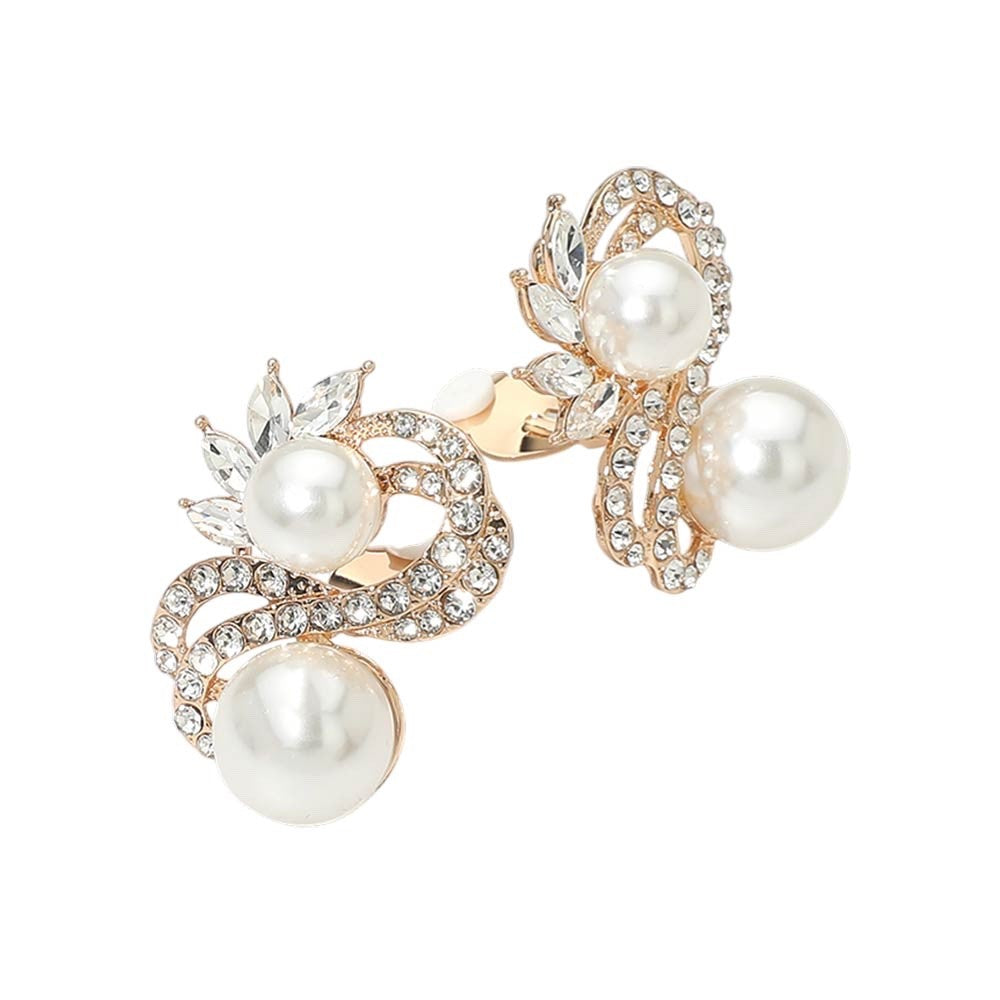 Sparkling Crystal Faux Pearl Floral Ribbon Bow Gold Clip On Statement Earring