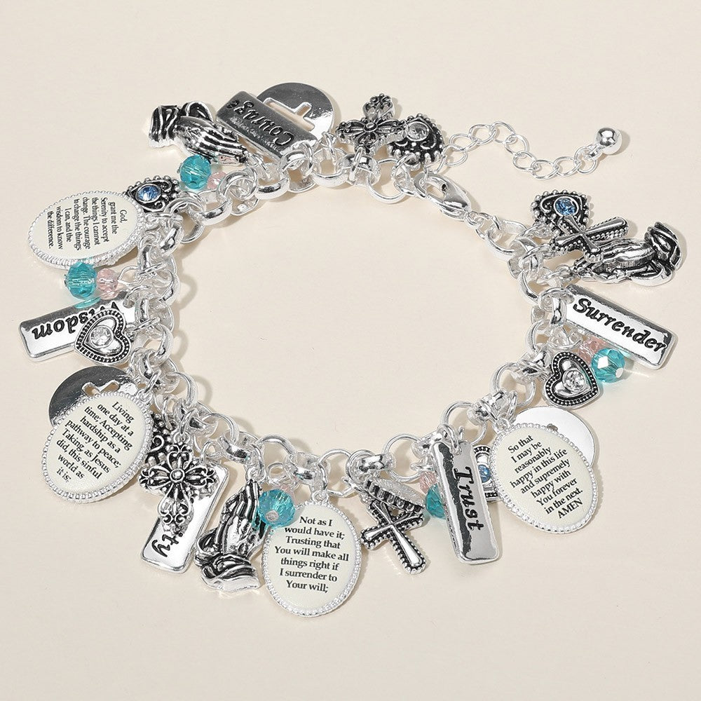 Silver Tone Religious Charm Bracelet with Cross Praying Hands Faith Jewelry