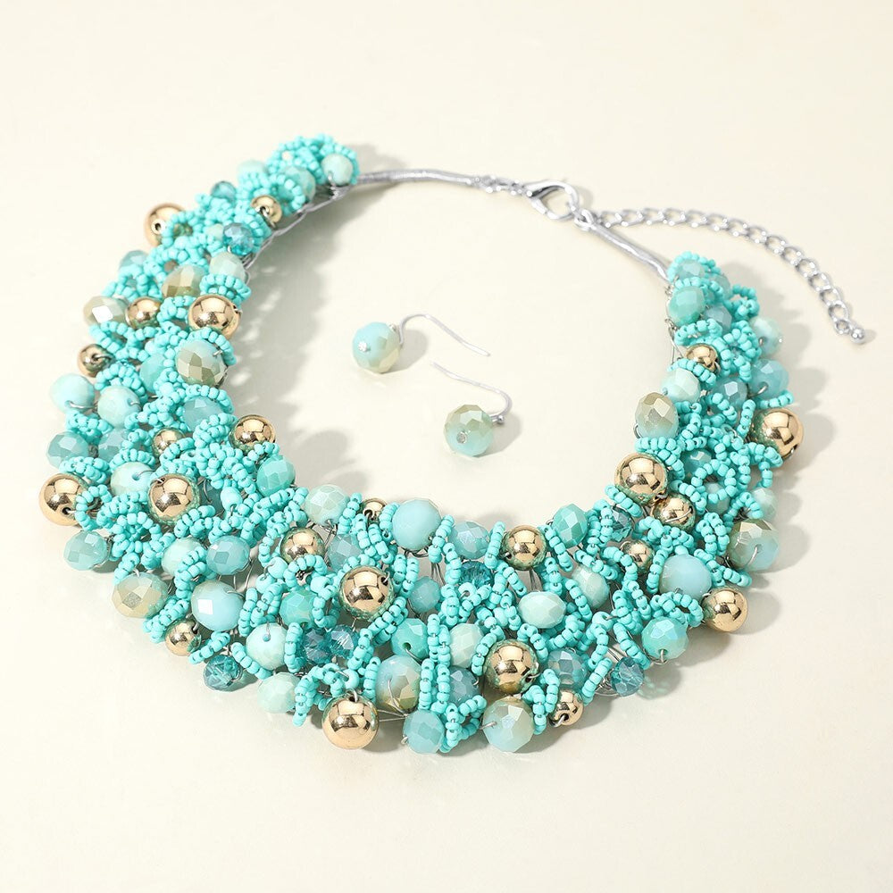 Faceted Beaded Collar Statement Necklace for Women Turquoise Jewelry for Ladies