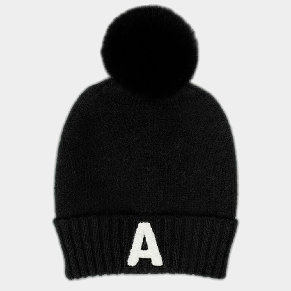 Black Knit Initial "A" Pom Pom Beanie - Cozy Cuffed Winter Scull Cap Hat