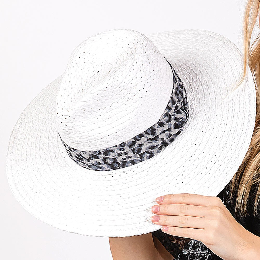 Leopard Band Straw Sun Hat for Women Wide Brim Summer Beach Travel Hat White