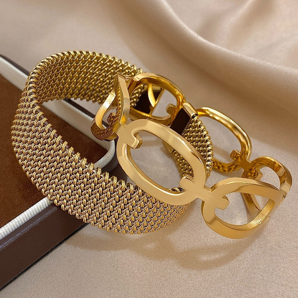 2pcs 18K Gold Plated Mesh Cuff & Chunky Oval Link Bangle Bracelet Stack Set