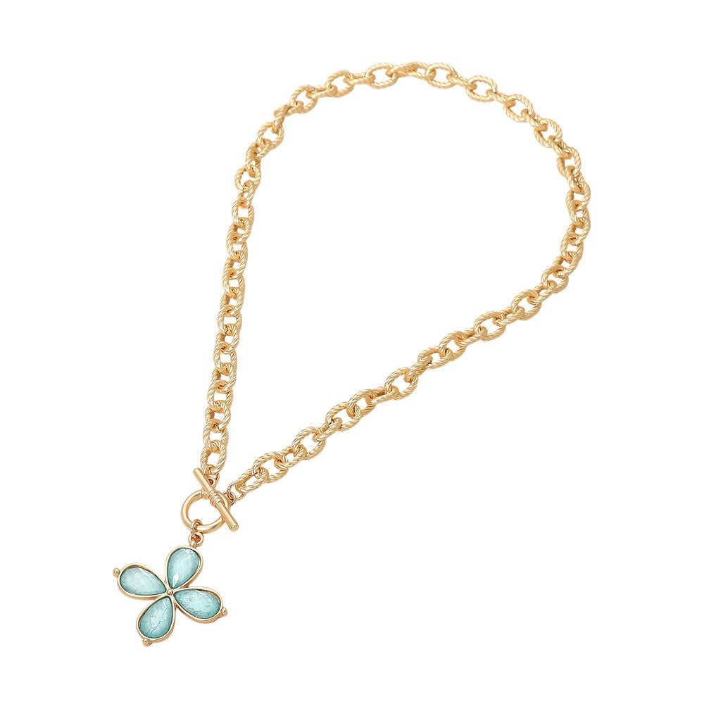 Gold Textured Link Chain Aqua Blue Petal Flower Pendant Toggle Necklace