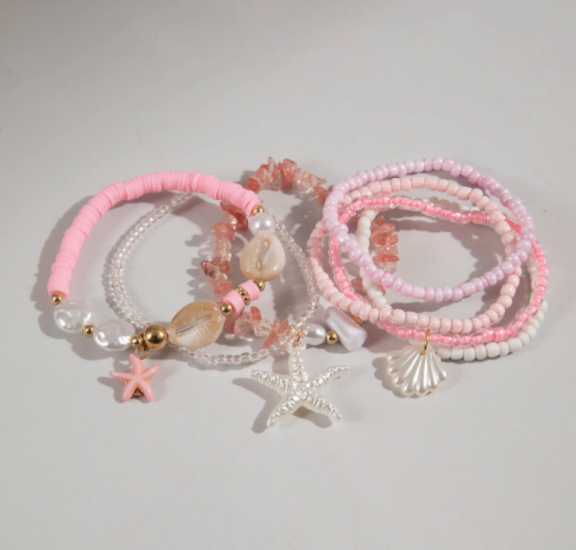 5pcs Boho Beach Shell Charm Bracelet Set for Women Ocean Jewelry Pink Bracelets