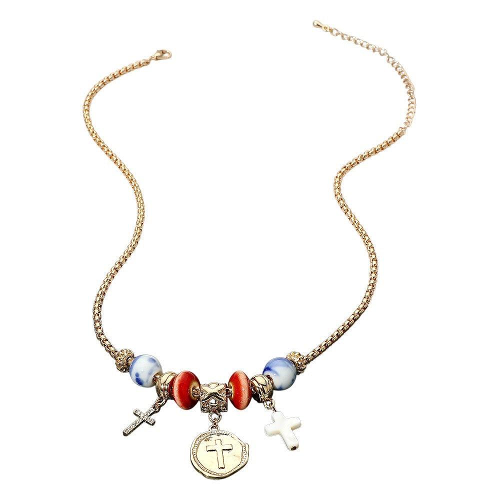 Gold Cross Ceramic Bead Charm Necklace Religious Pendant Jewelry for Women