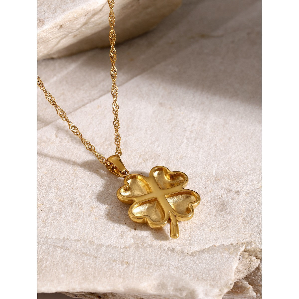 Waterproof Gold Four Leaf Clover Necklace Stainless Steel Twisted Chain 17.7"+2"